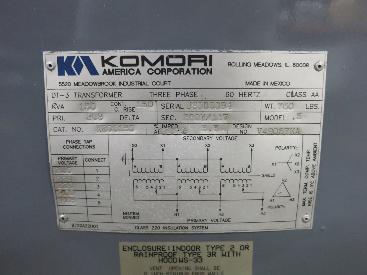 Komori 150 kVA 208 Delta to 220Y/127 V 3PH Transformer K208150 208V 220V (DW7440-1)