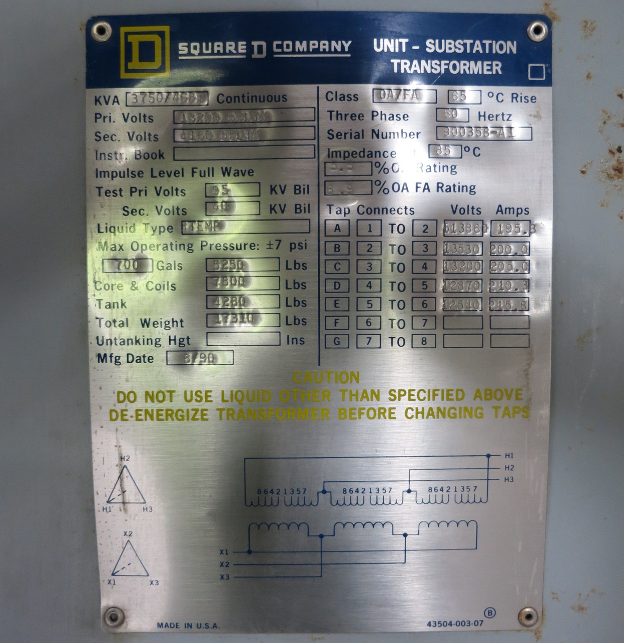 Square D 3750/4687 kVA 13200 Delta to 4160 Delta V 3PH Oil Filled Transformer (DW7442-1)
