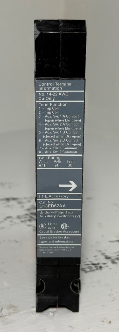 NEW Siemens U13ED62AA Auxiliary Switch for ED EC Circuit Breaker 2x Aux UV Trip (EM5574-9)