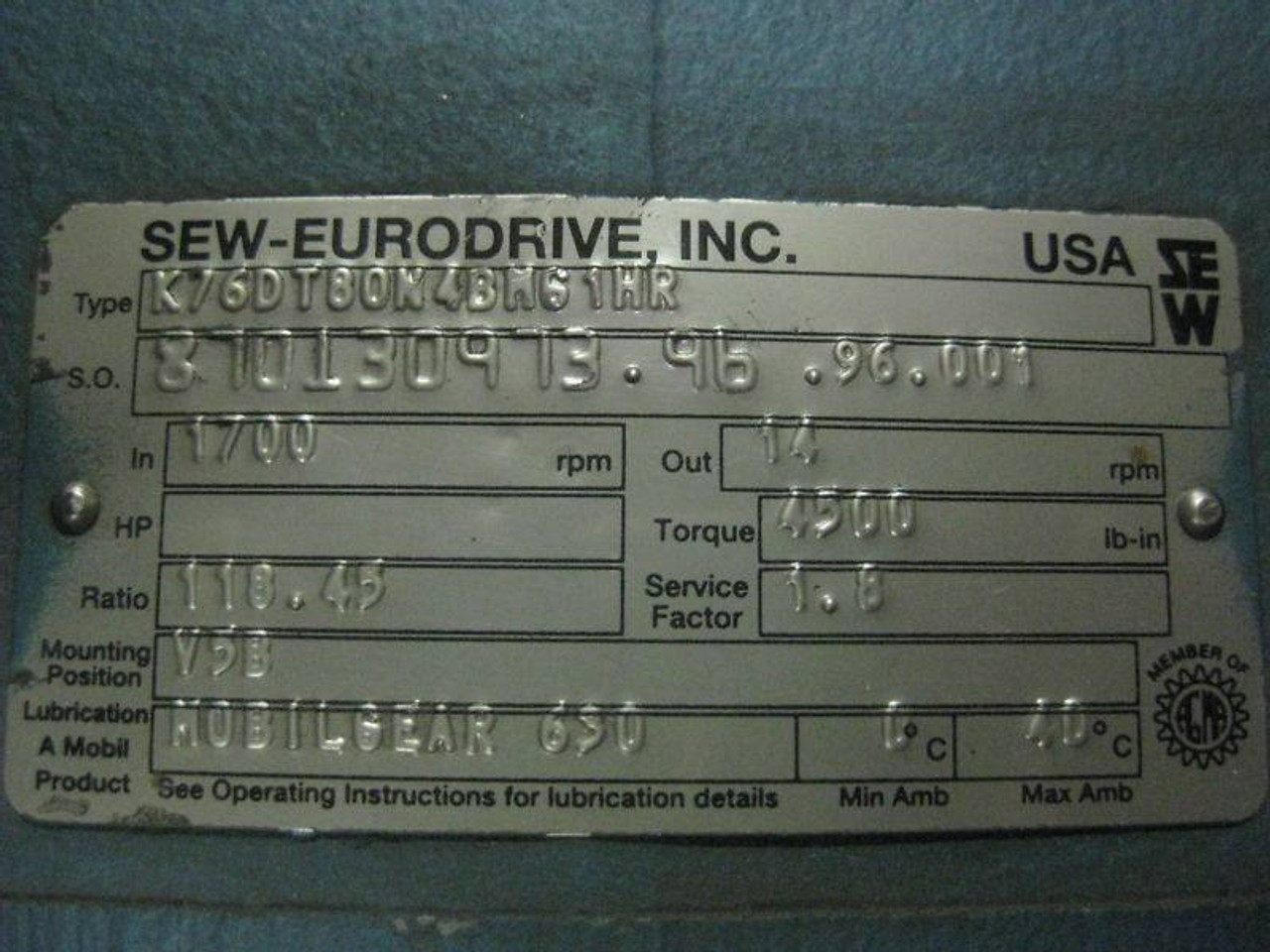 Sew Eurodrive K76DT8 1 HP Ratio:118.45 Gear Reducer NEW (EBI3630-1)