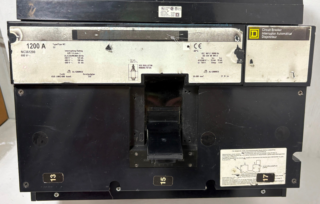 Square D I-Line NC361200 1200A Circuit Breaker Type NC 1200 Amp HACR bad label (EM5579-1)