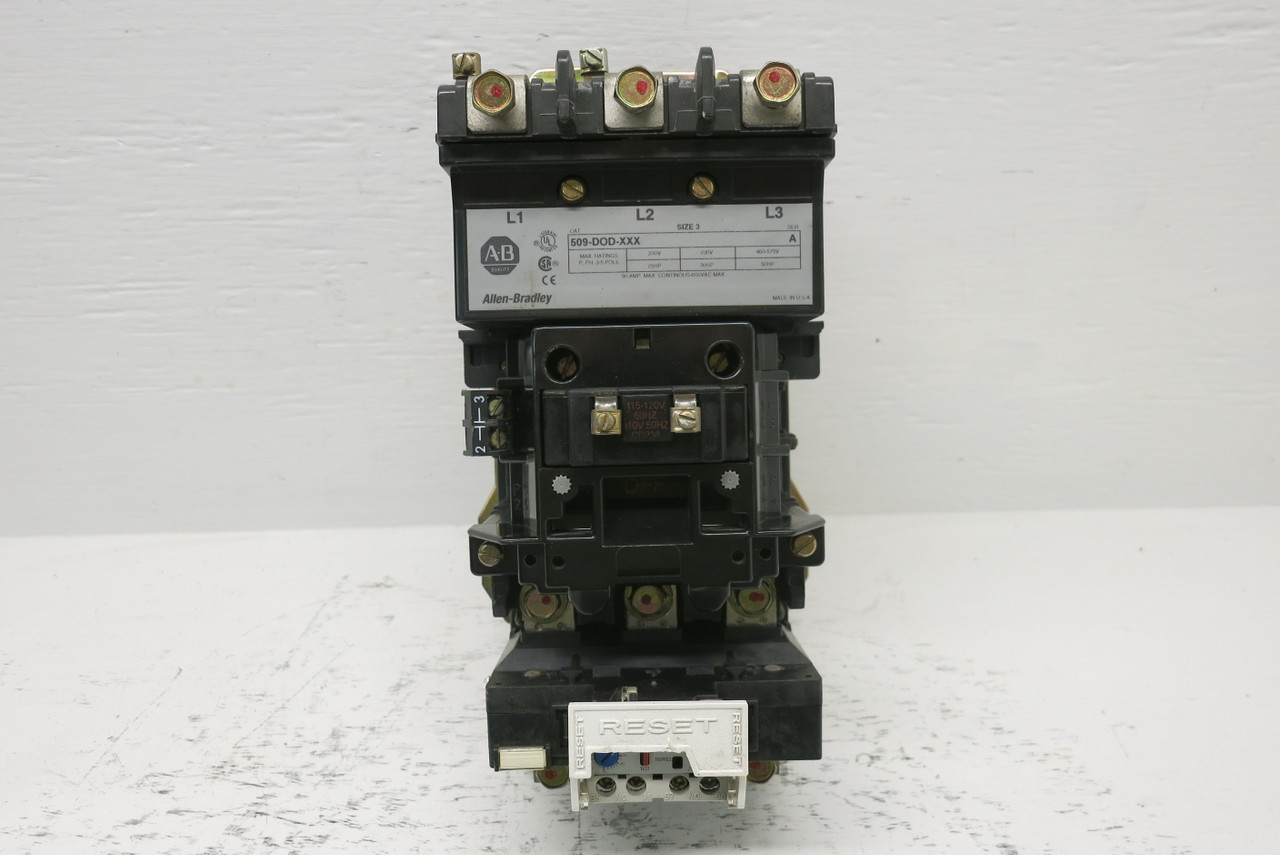 Allen Bradley 509-DOD-XXX Size 3 Starter 120V CD236 Coil 90A 50HP w/ 592-A1KD (AH0643-1)