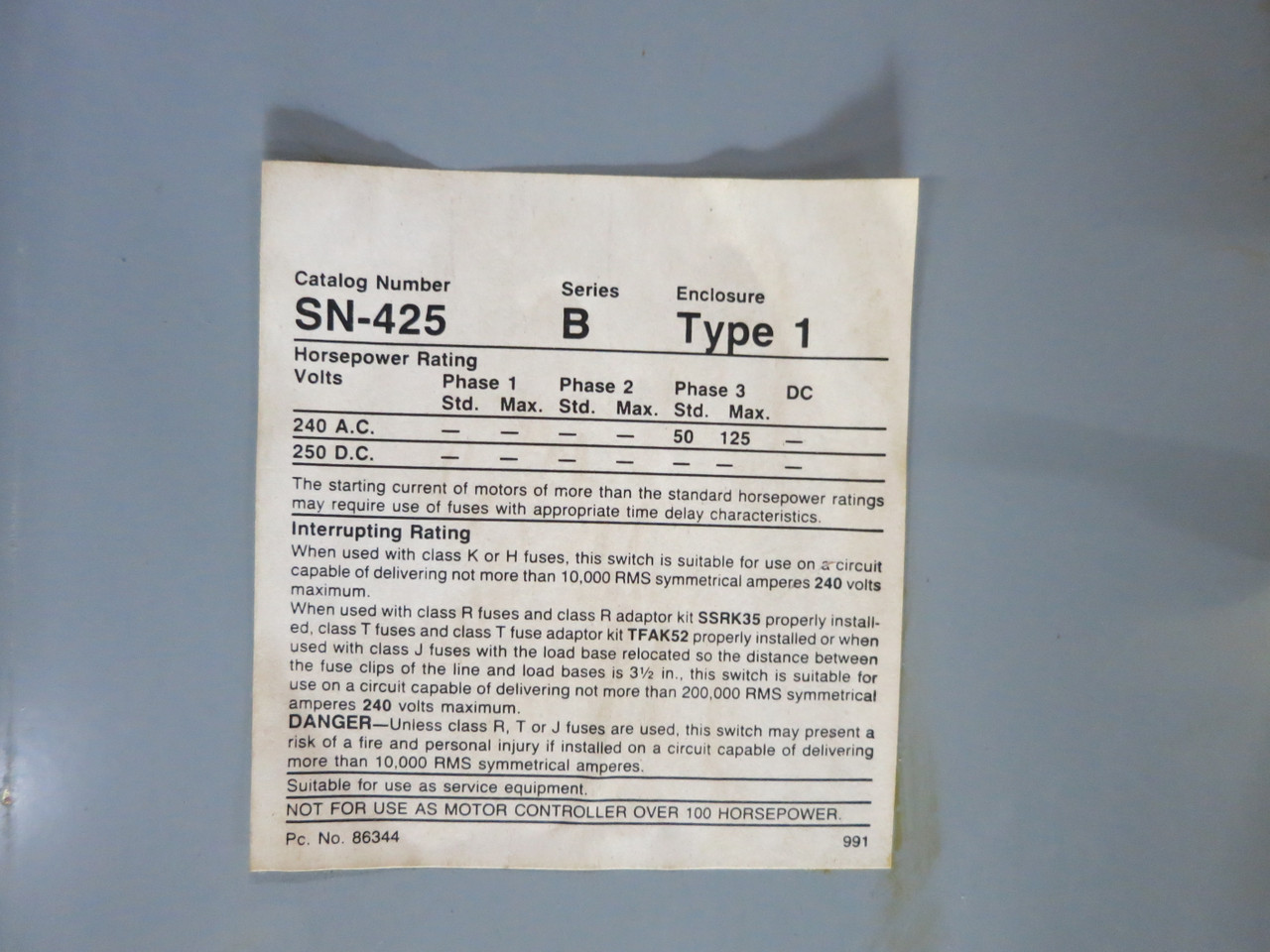 Siemens SN425 400A 240V Fusible Safety Switch Disconnect 3PH 4W 400 Amp 240 VAC (DW7456-1)