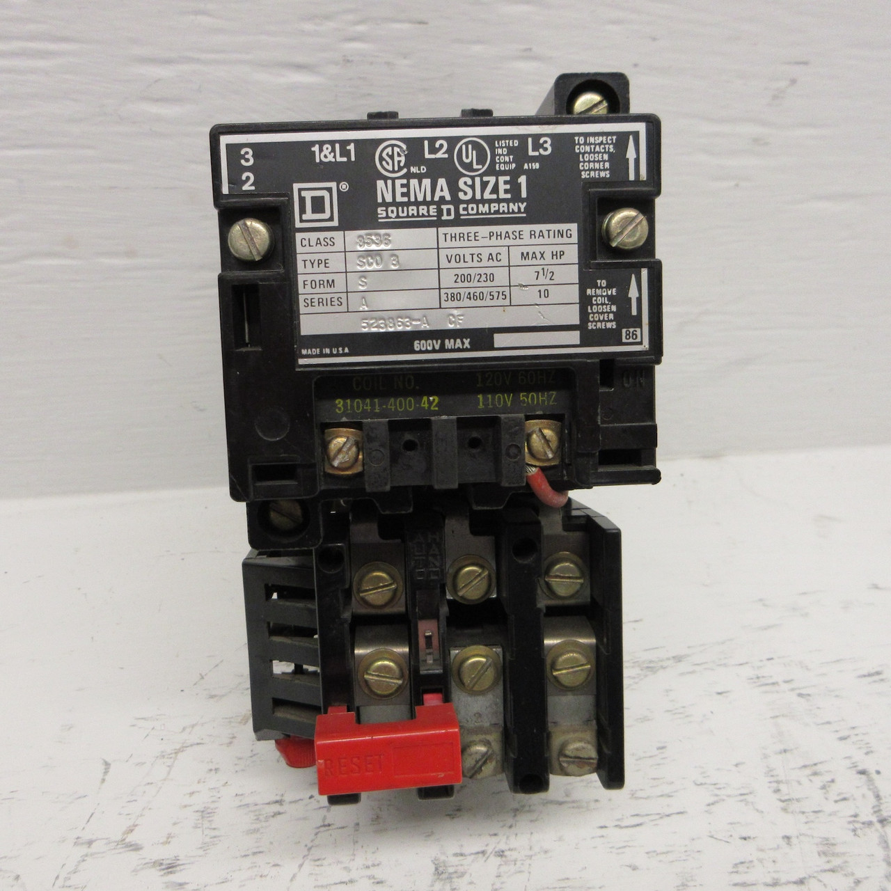 Square D 8536SCO3 Size 1 Starter 120V Coil 10HP 8536SC03 Form S Series A 600VAC (AH0653-2)