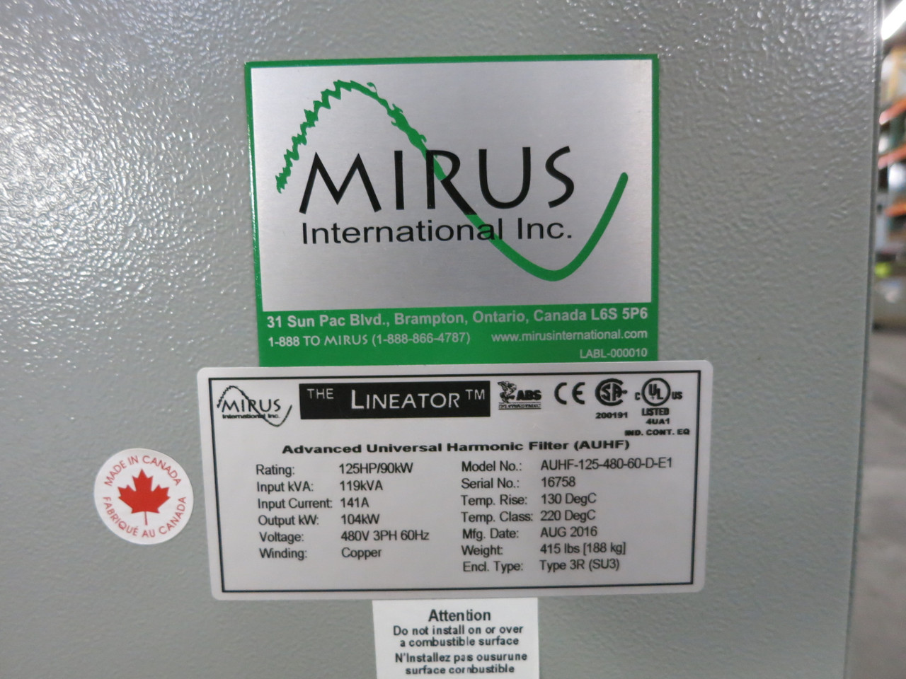 NEW Mirus AUHF-125-480-60-D-E1 Lineator Harmonic Filter 125 HP 480V 104 kW 3R (DW7458-1)