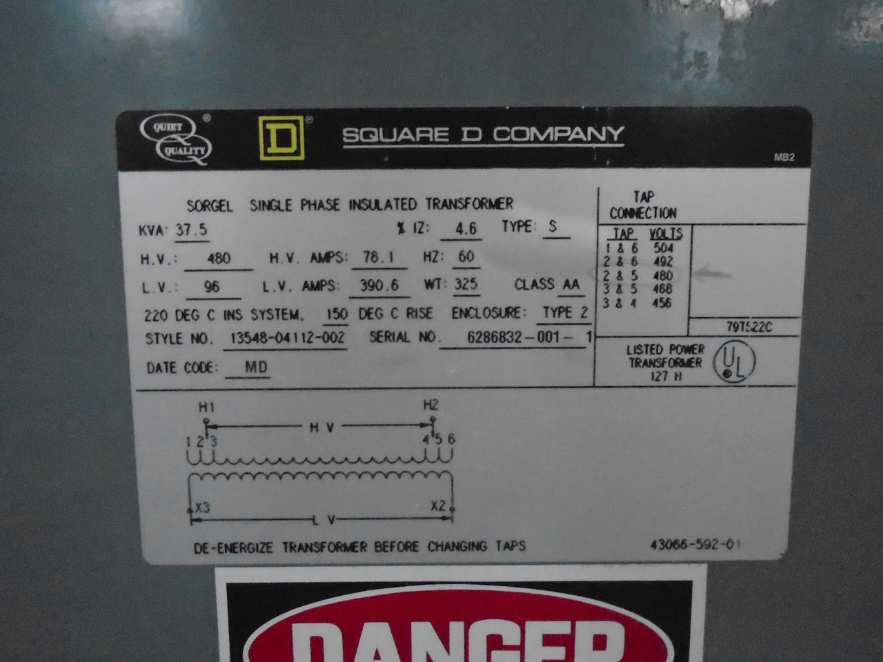 Square D 37.5 kVA 480V - 96V 1PH Dry Type Transformer Single Phase 480 - 96 (DW7461-1)