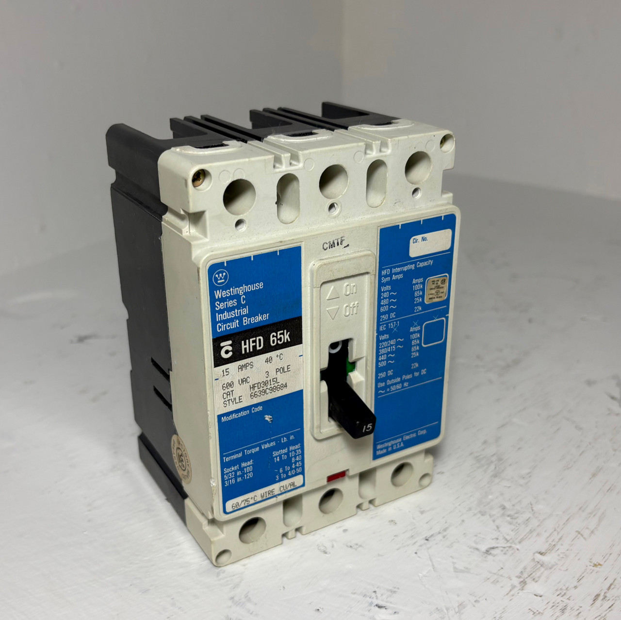Westinghouse HFD3015L 15A Series C Circuit Breaker Matte Blue HFD3015 3P 15 Amp (EM5593-1)