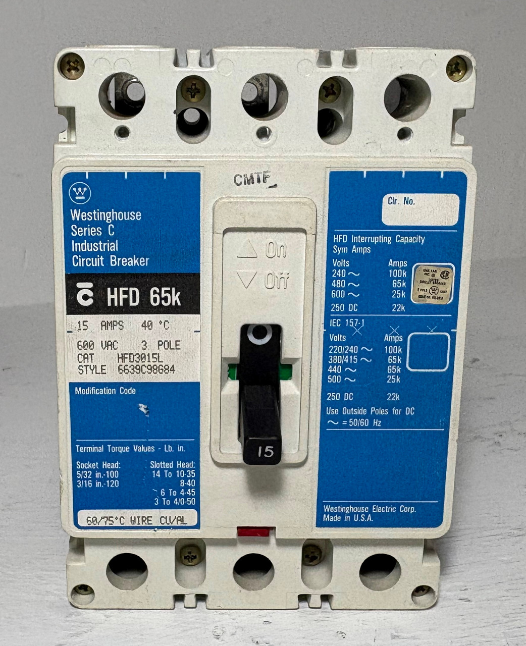 Westinghouse HFD3015L 15A Series C Circuit Breaker Matte Blue HFD3015 3P 15 Amp (EM5593-1)