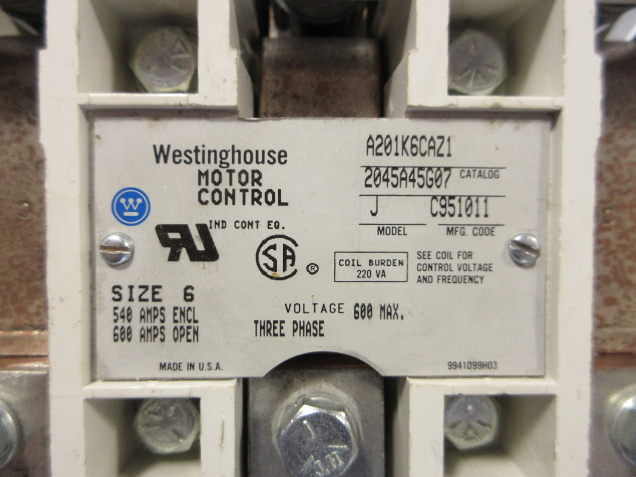 Westinghouse A201K6CAZ1 Size 6 Contactor 540/600 Amps 3PH 600V Model J (CHIPPED) (AH0656-1)
