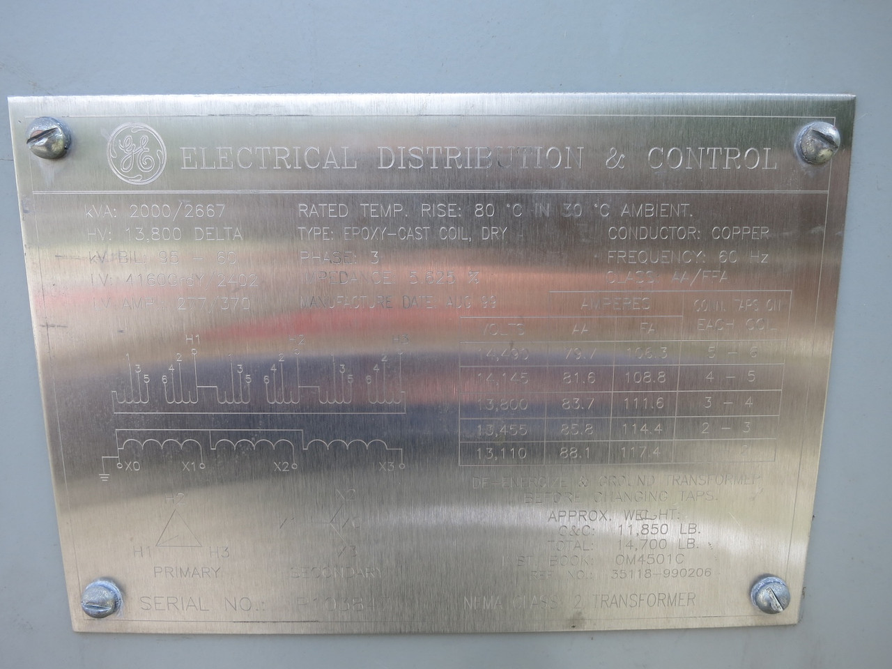 GE 2000/2667 kVA 13800 Delta - 4160Y/2402 V 3PH Dry Type Transformer 13800V 4160 (DW7472-1)