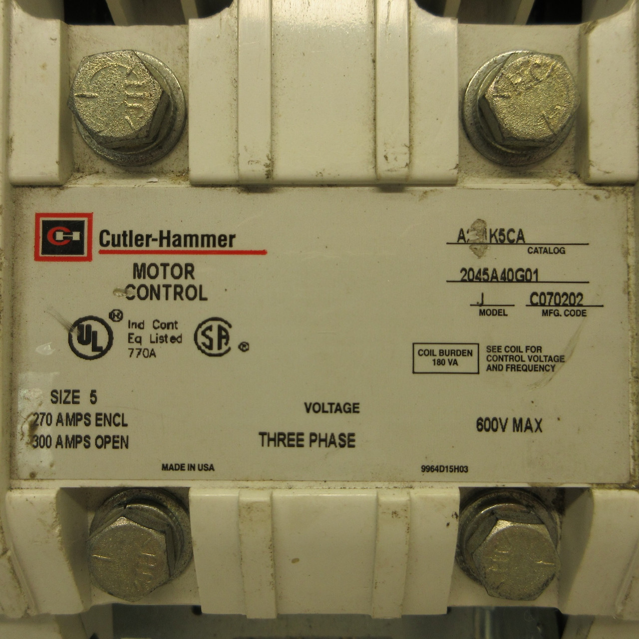 Cutler-Hammer A201K5CA Size 5 Motor Contactor Mod J 120V Coil 270/300A 3PH 600V (AH0657-2)