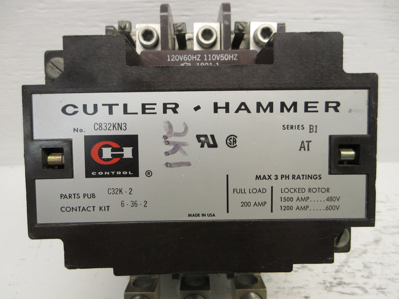 Cutler Hammer C832KN3 Motor Contactor 1891-1 120V Coil 3PH Series B1 200 Amp 3P (AH0661-1)