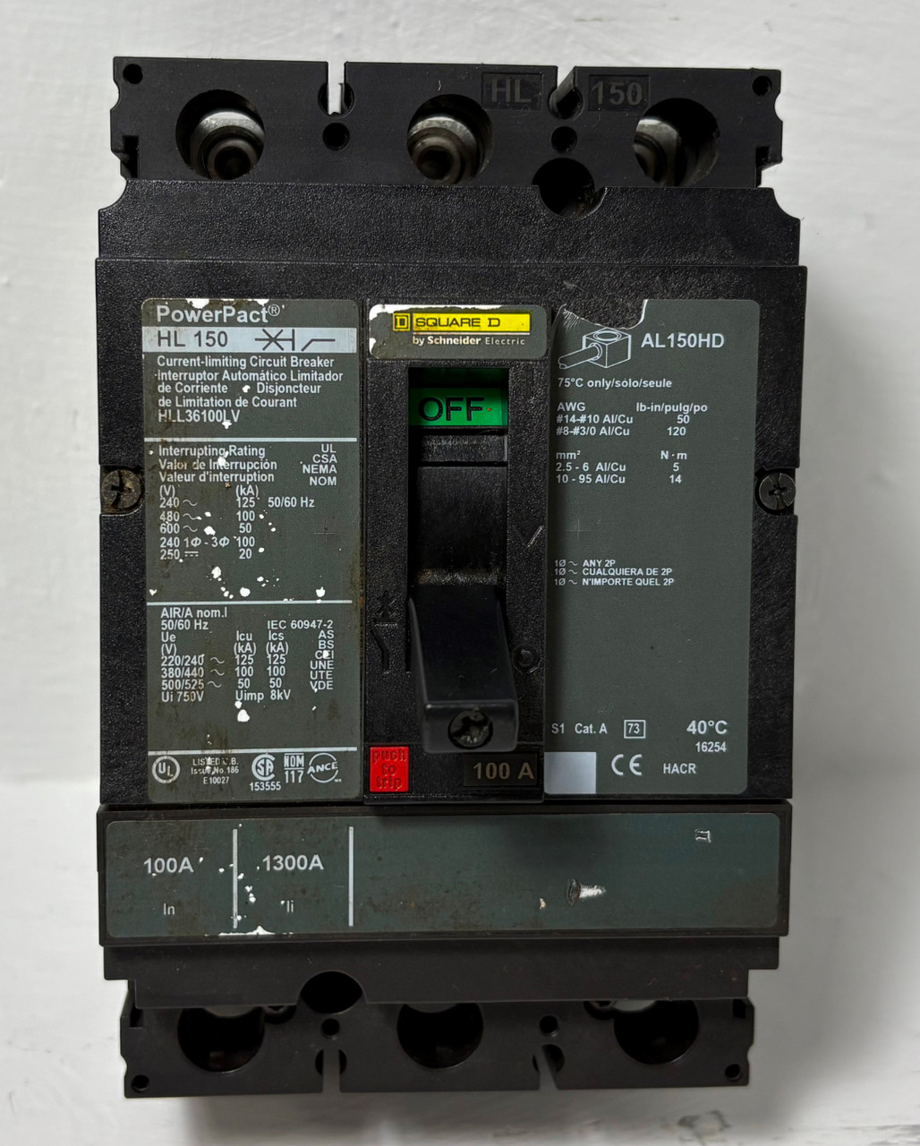 Square D HLL36100LV 100A PowerPact Circuit Breaker HL 150 3P 100 Amp HL150 3P (EM5605-1)