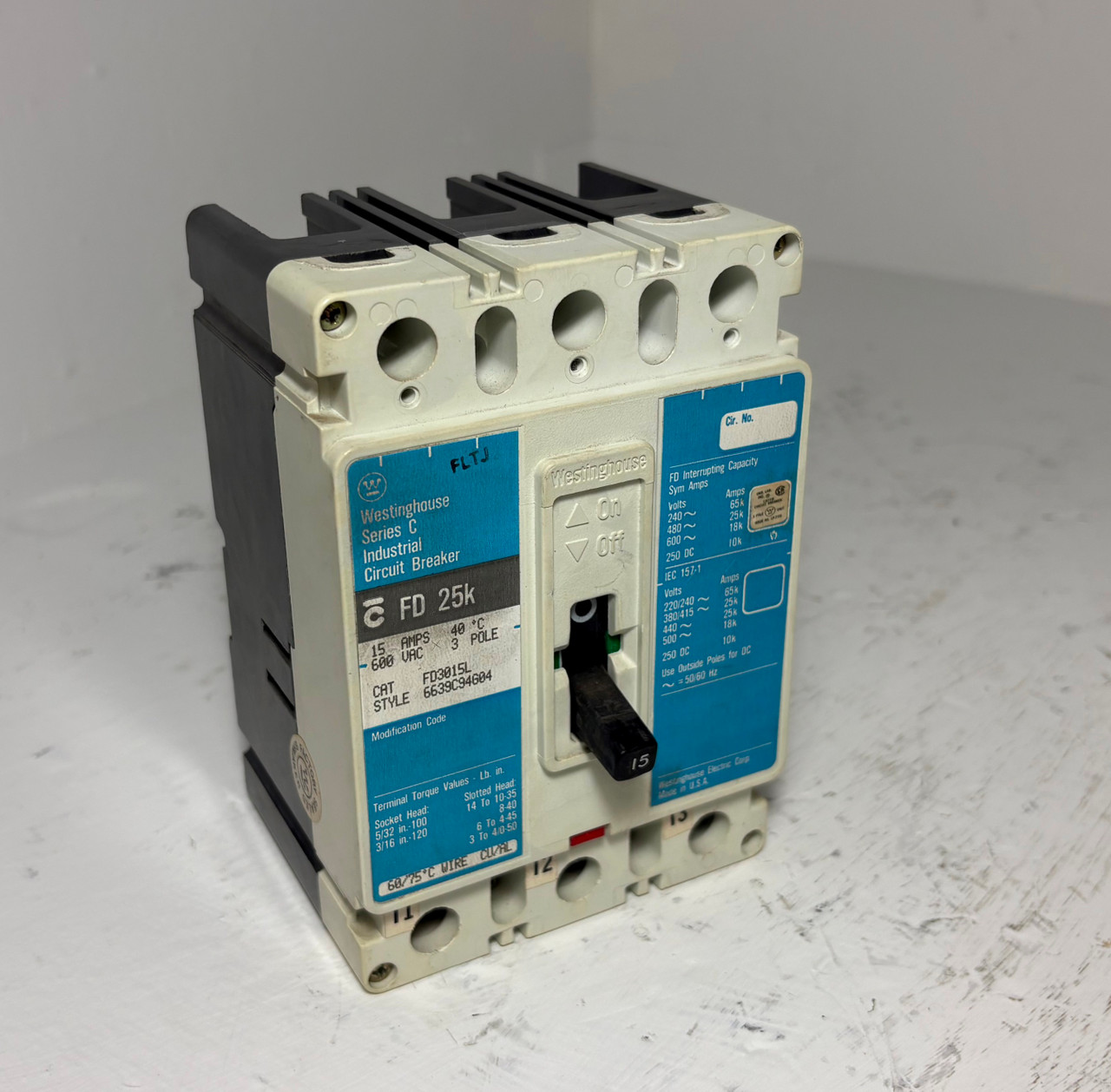 Westinghouse FD3015L 15A Series C Circuit Breaker Matte Blue FD3015 3P 15 Amp (EM5613-1)