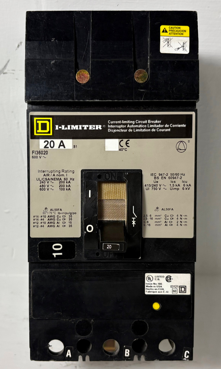 Square D I-Line FI36020 20A I-Limiter Circuit Breaker 480/600V 3 Pole 20 Amp (EM5619-1)