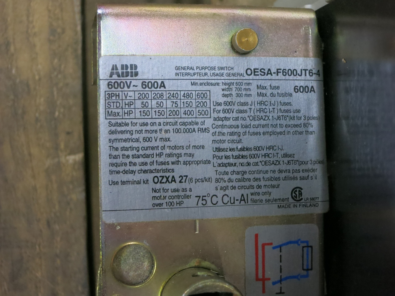 ABB OESA-F600JT6-4 600A 600V General Purpose Switch Interrupter 600 Amp 480V 4P (DW7484-1)