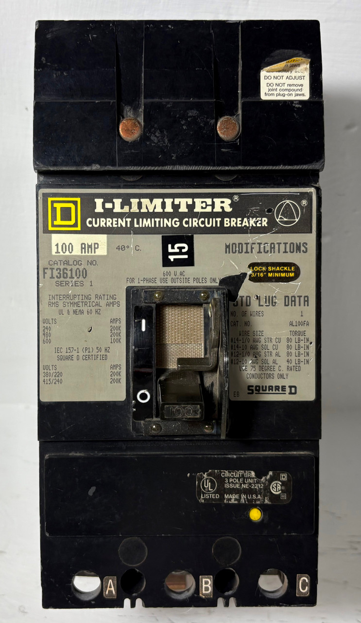 Square D I-Line FI36100 100A I-Limiter Circuit Breaker 480/600V 3 Pole 100 Amp (EM5625-3)