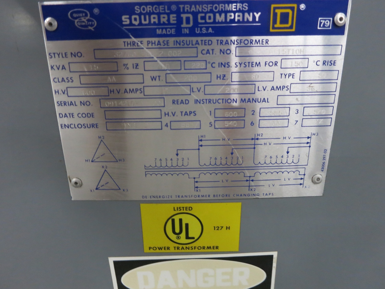 Square D 15 kVA 600 Delta to 240 Delta V 3PH Transformer 15T10H 600V - 240V (DW7488-1)