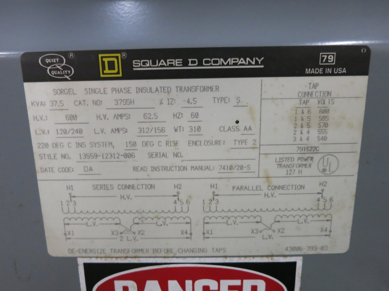 NEW Square D 37.5 kVA 600 to 120/240 V 1PH Dry Type Transformer 37S5H 600V (DW7491-1)