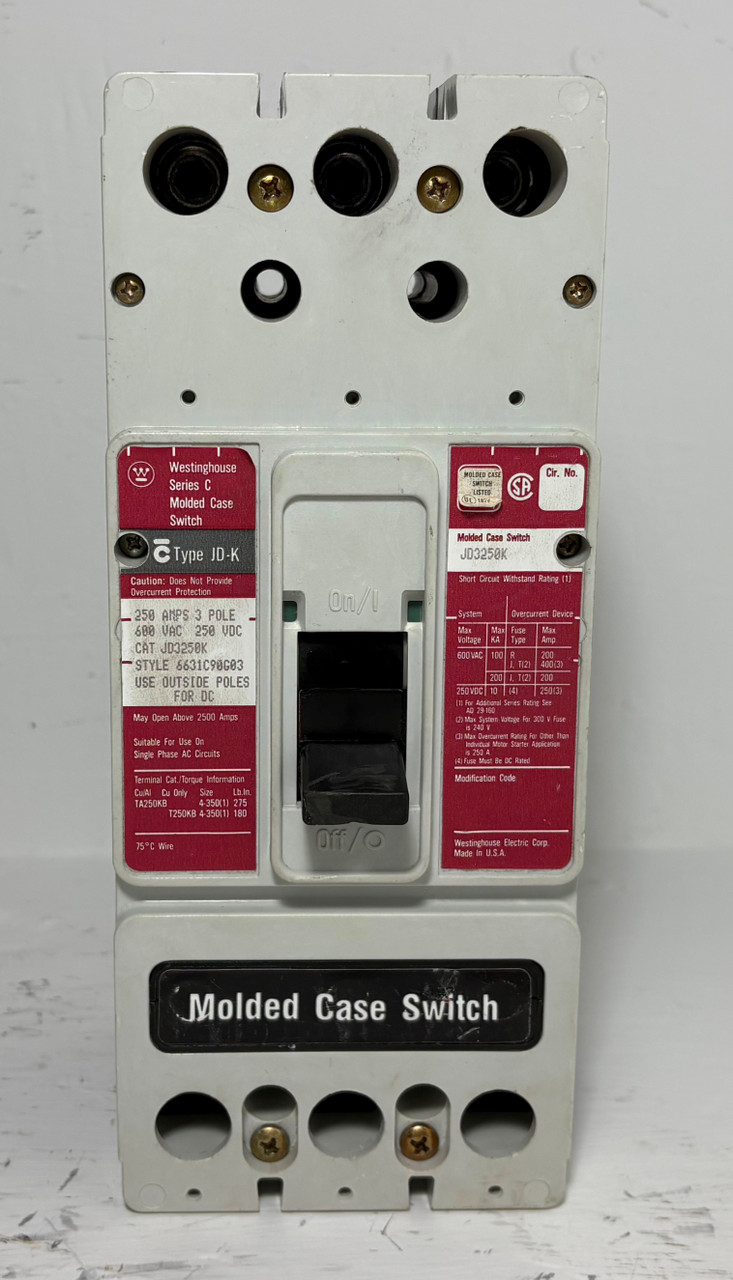 Westinghouse JD3250K 250A Molded Case Switch Type JD-K 3P 480/600V JD3250 (EM5629-1)