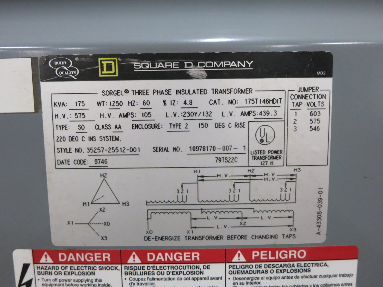 Square D 175 kVA 575 Delta to 230Y/132 V 3PH Dry Type Transformer 175T146HDIT (DW7498-1)