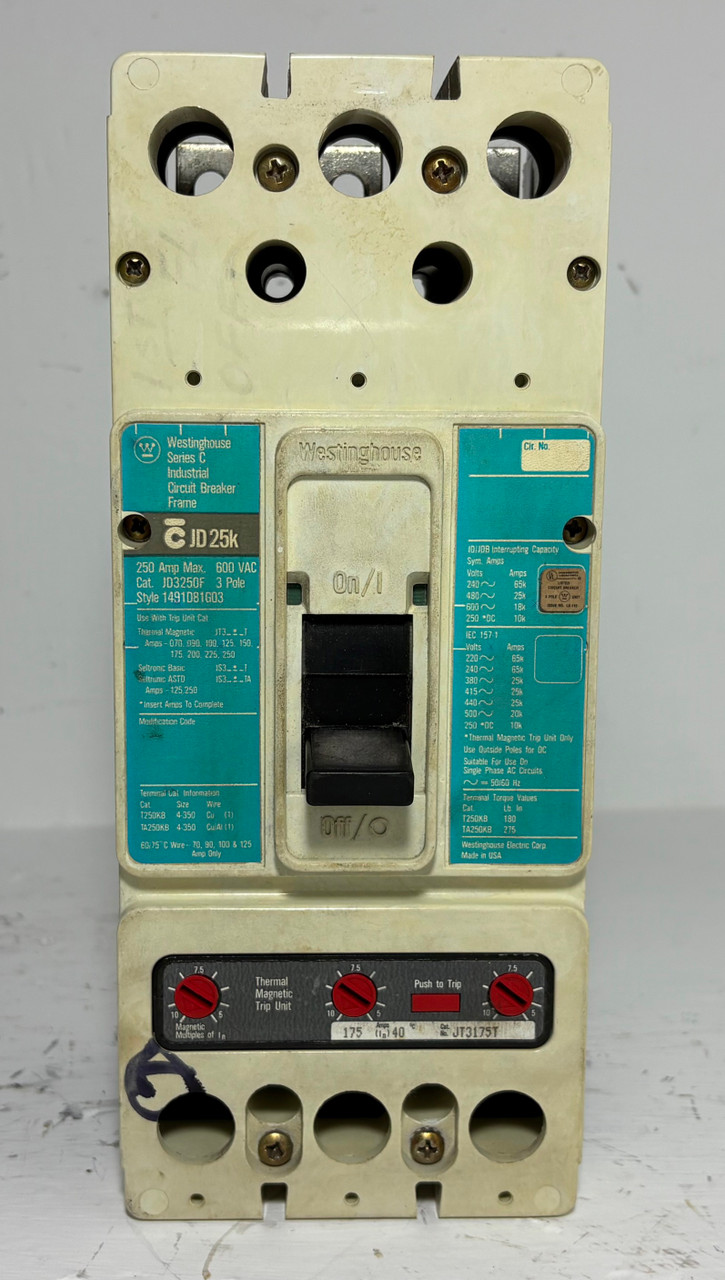Westinghouse JD3250F 250A Circuit Breaker Matte Blue w/ 175 Amp Trip 3P JD3175 (EM5636-1)