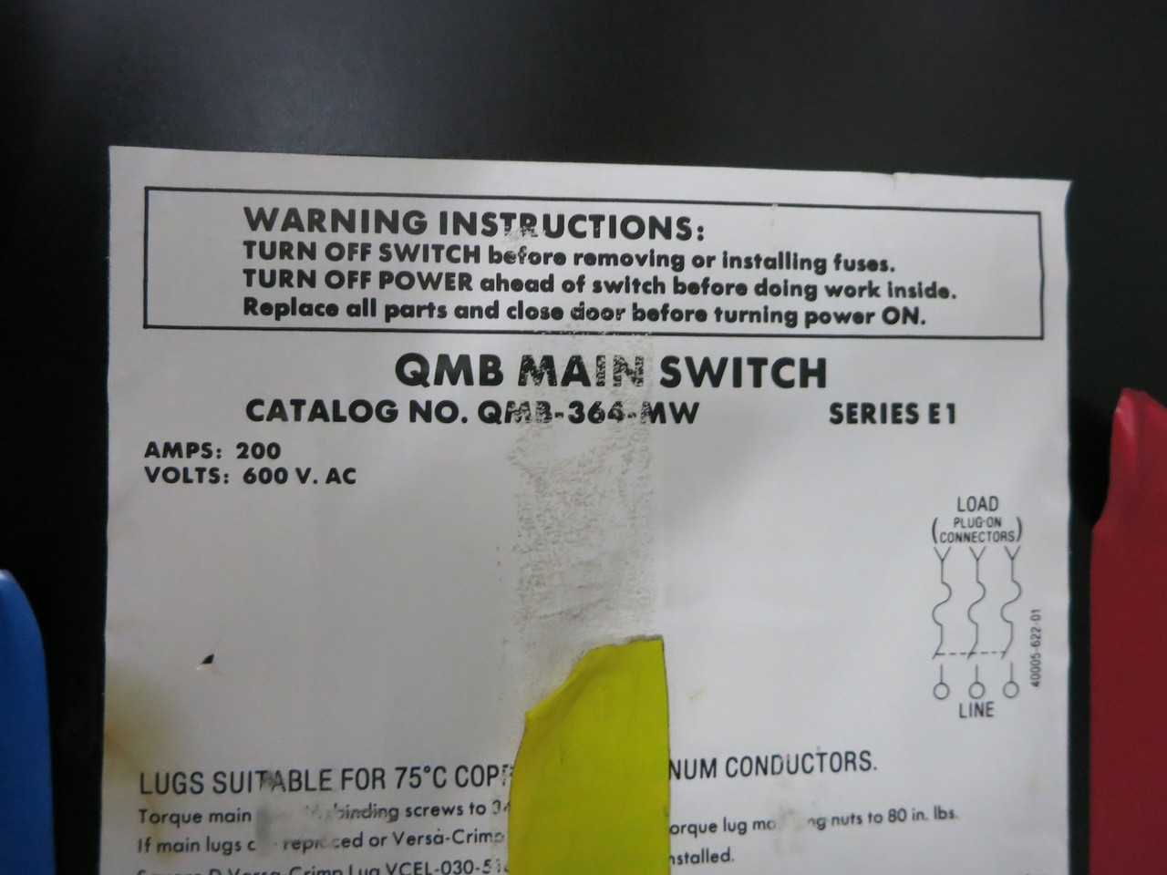 Square D QMB-364MW 200A 600V QMB Main Fusible Panelboard Switch QMB364 200 Amp (DW7504-1)