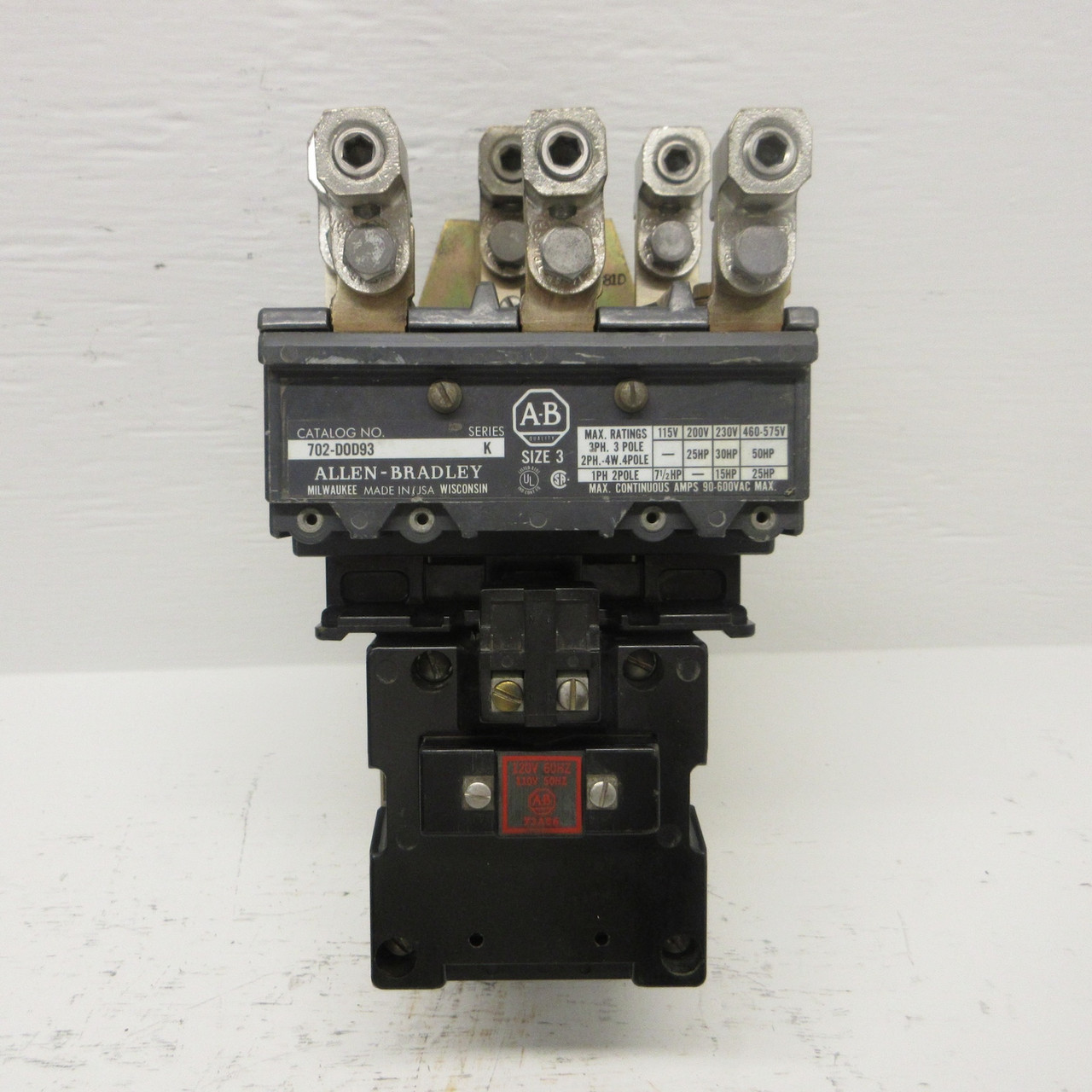 Allen Bradley 702-DOD93 NEMA Size 3 Contactor 90AMP 600VAC Series K 702-D0D93 AB (AH0721-3)