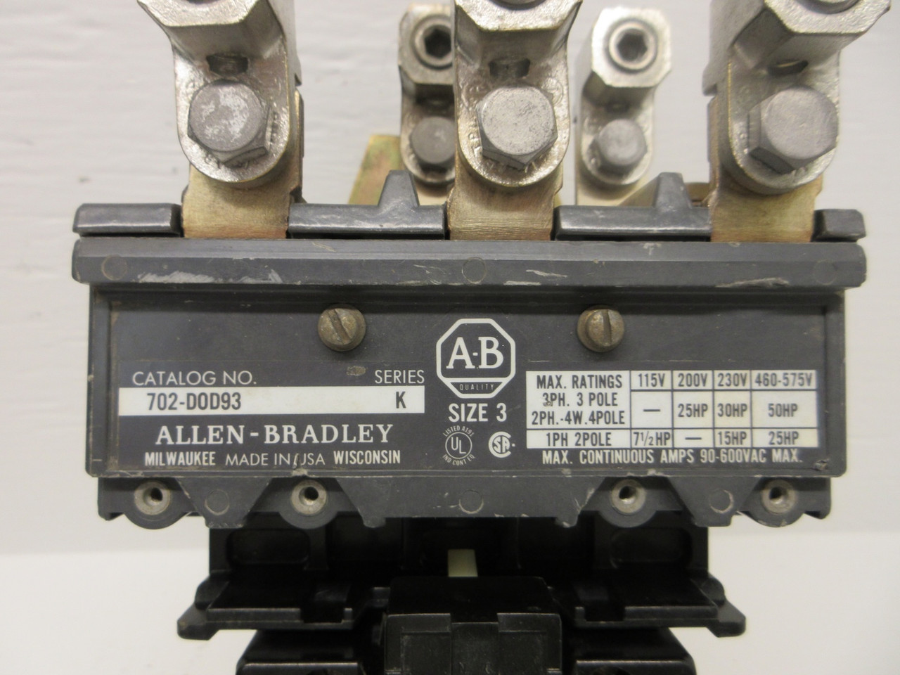 Allen Bradley 702-DOD93 NEMA Size 3 Contactor 90AMP 600VAC Series K 702-D0D93 AB (AH0721-3)