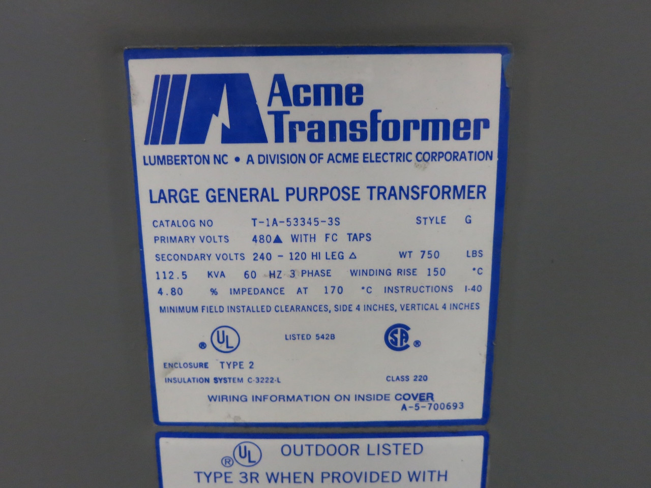 ACME 112.5 kVA 480 Delta to 240 Delta V 3PH Transformer T-1A-53345-3S 480V 240V (DW7512-1)