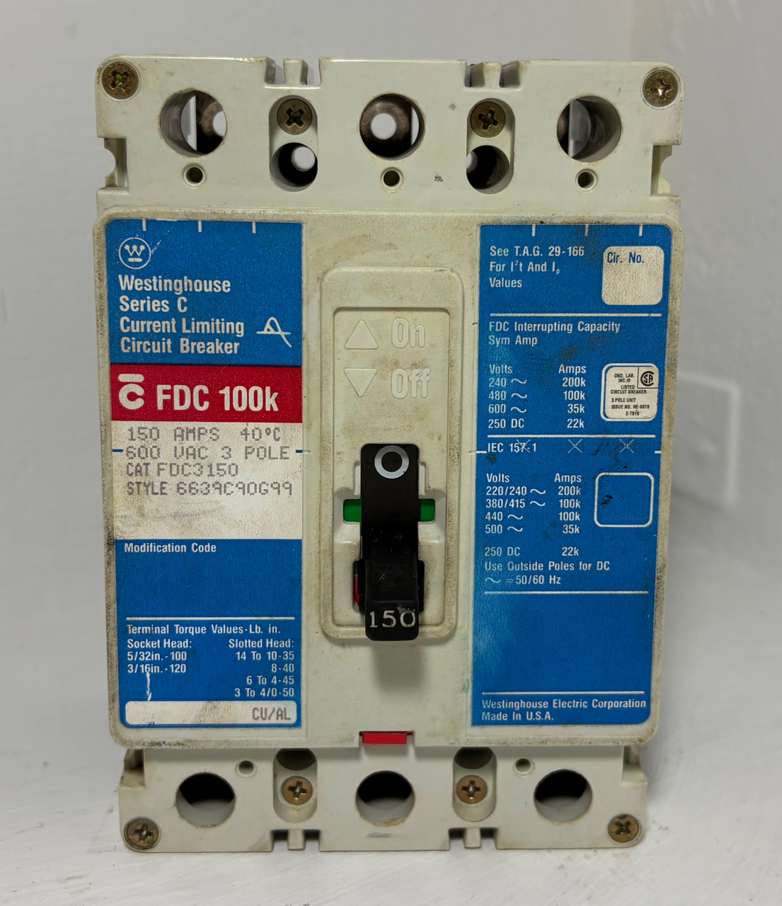 Westinghouse FDC3150 150A Circuit Breaker FDC3150L FDC 100k 600V 3 Pole 150 Amp (EM5640-1)