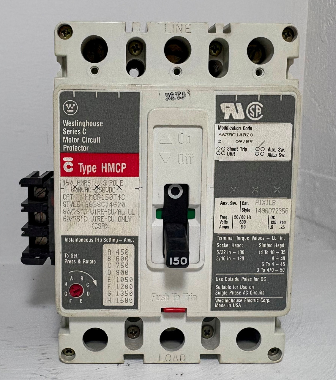 Westinghouse HMCP150T4C 150A Circuit Breaker Matte w/ Aux HMCP 3P 600V 150 Amp (EM5644-1)