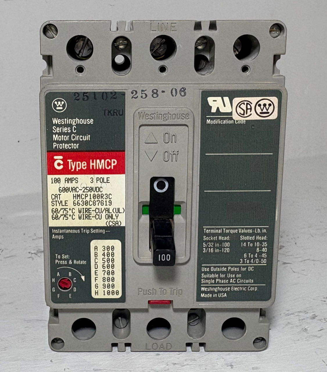 Westinghouse HMCP100R3C 100A Motor Circuit Protector Breaker Gray 600V 100 Amp (EM5647-1)