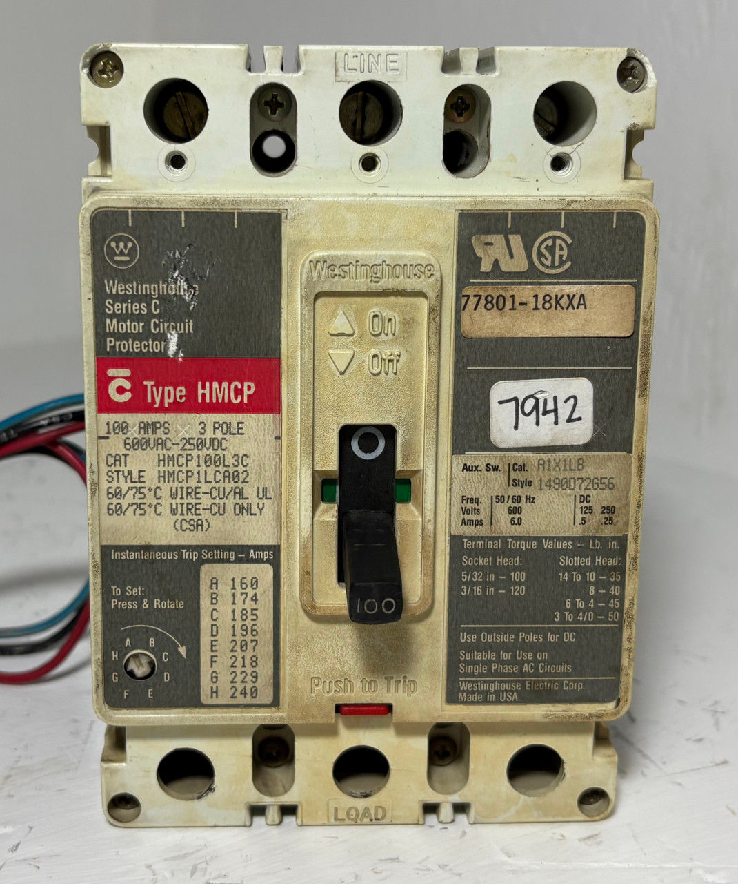 Westinghouse HMCP100L3C 100A Motor Circuit Protector Breaker w/ Aux 600V 100 Amp (EM5651-1)