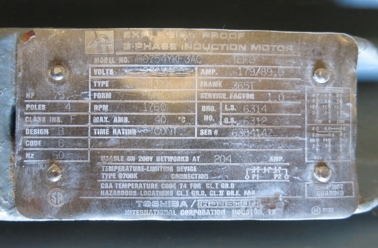 Toshiba 75 HP Explosion Proof AC Motor 460V 1760 RPM TIKK 365T TEFC (TESTED) (DW7529-1)