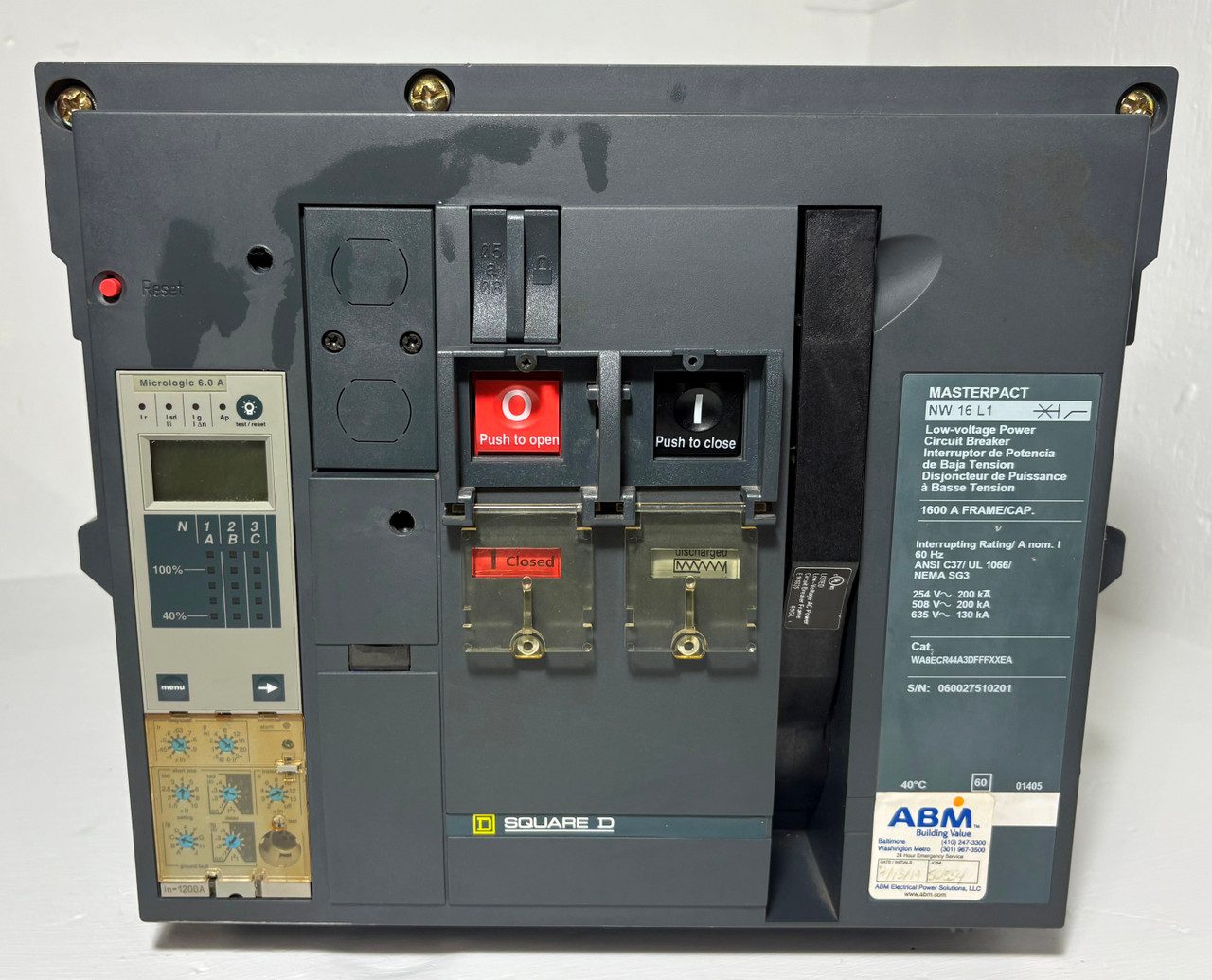 Square D NW16L1 1600A MasterPact LSIG Circuit Breaker EO w 1200 Amp Trip & Shunt (EM5652-1)