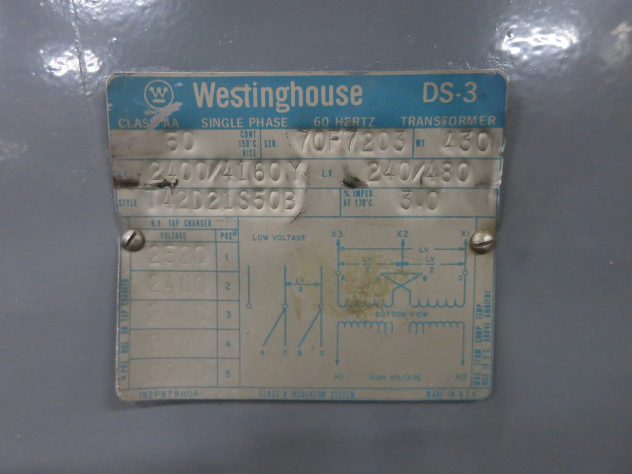 Westinghouse 50 kVA 2400 to 240/480 V 1PH Transformer 2400V - 240x480 Single (DW7526-1)