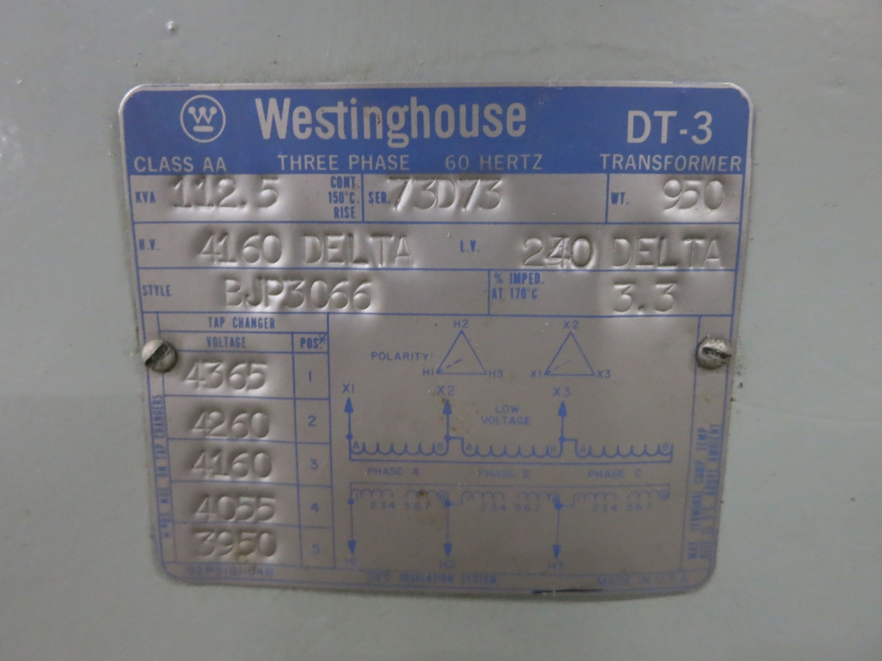 Westinghouse 112.5 kVA 4160 Delta to 240 Delta V 3PH Transformer 4160V - 240V (DW7527-1)