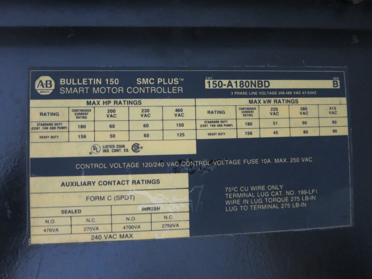 Allen Bradley 150-A180NBD 150 HP SMC Plus Smart Motor Controller 480V Soft Start (DW7534-1)