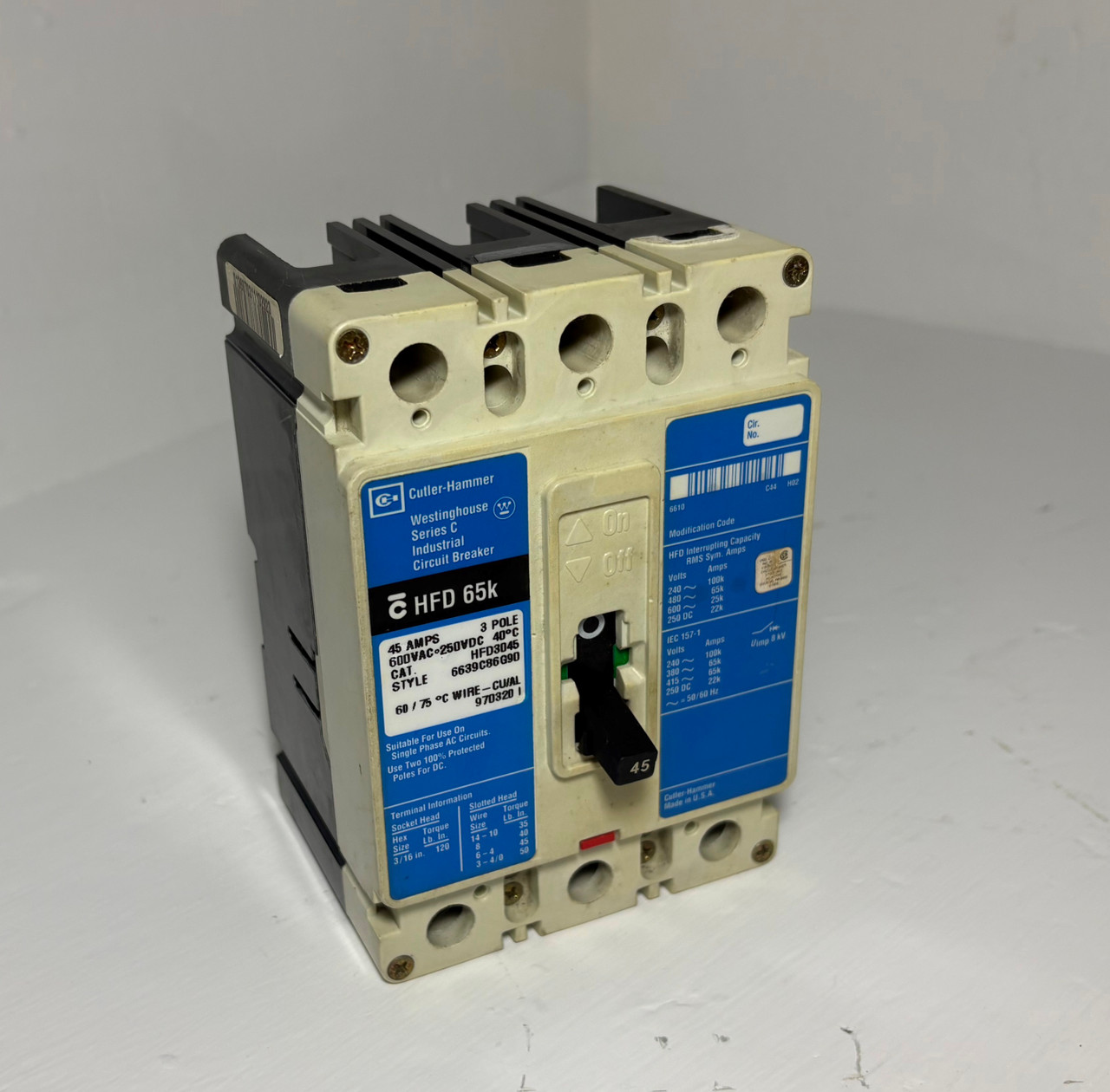 Cutler-Hammer HFD3045 45A Circuit Breaker Glossy Blue 600V 3P HFD3045L 45 Amp (EM5655-1)