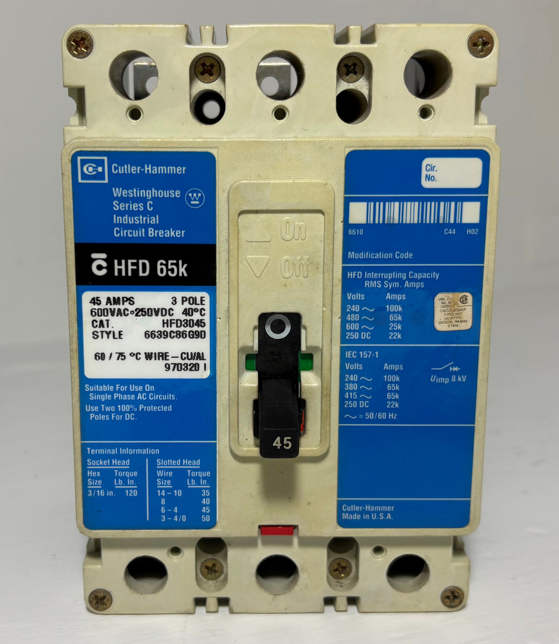 Cutler-Hammer HFD3045 45A Circuit Breaker Glossy Blue 600V 3P HFD3045L 45 Amp (EM5655-1)