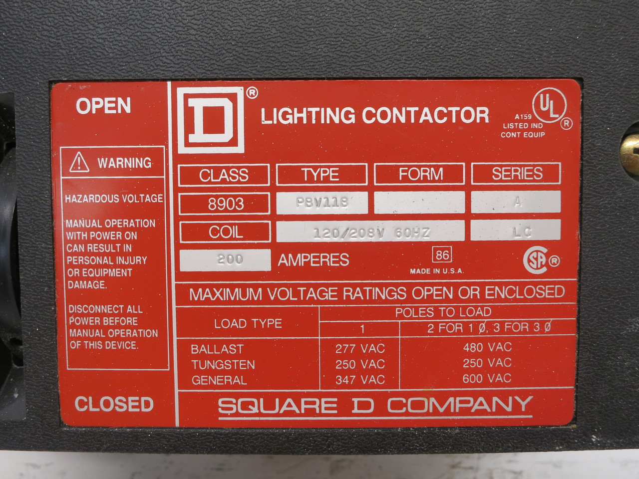 Square D 8903-PBV11B 200A AC Lighting Contactor Panel Mount 200 Amp 120/208 Coil (DW7536-1)