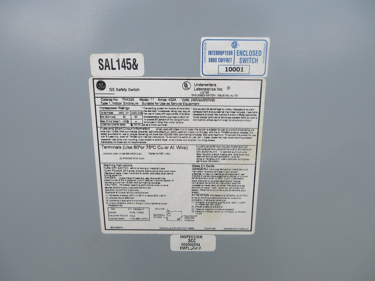 General Electric GE TH4325 Model 11 400A 240VAC Fusible Switch (NO NEUTRAL) 3W (AH0728-3)