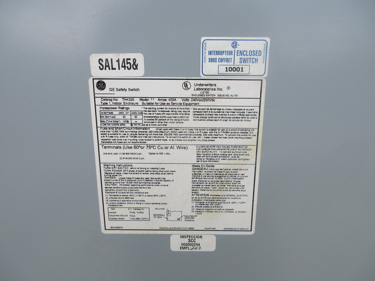 General Electric GE TH4325 Model 11 400A 240VAC Fusible Switch (NO NEUTRAL) 3W (AH0728-3)