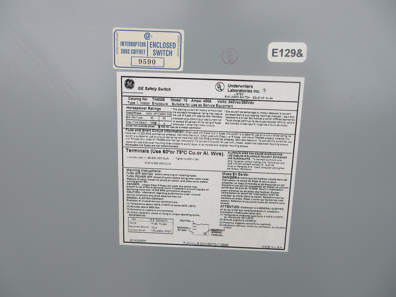General Electric GE TH4325 Model 10 400A 240VAC Fusible Safety Switch 4W FLAWED (AH0730-1)