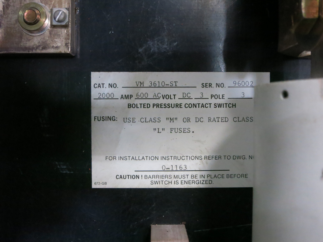 Boltswitch EVM3610-ST 2000A 600V Enclosed Contact Switch Disconnect 2000 Amp 3W (DW7541-1)