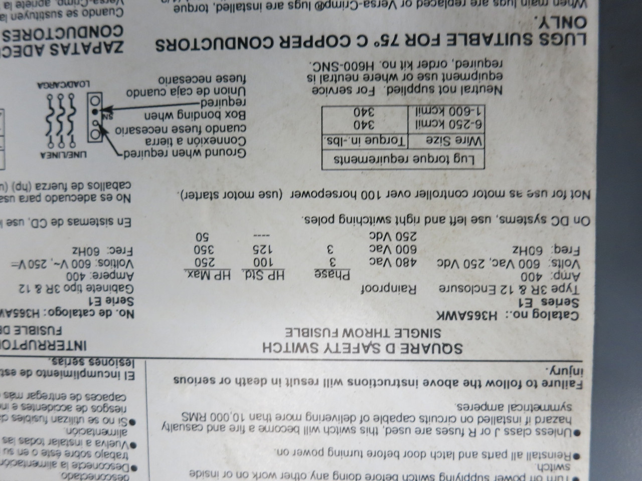 Square D H365AWK 400A 600V Fusible Safety Switch Disconnect 400 Amp H365-AWK 3R (DW7543-1)