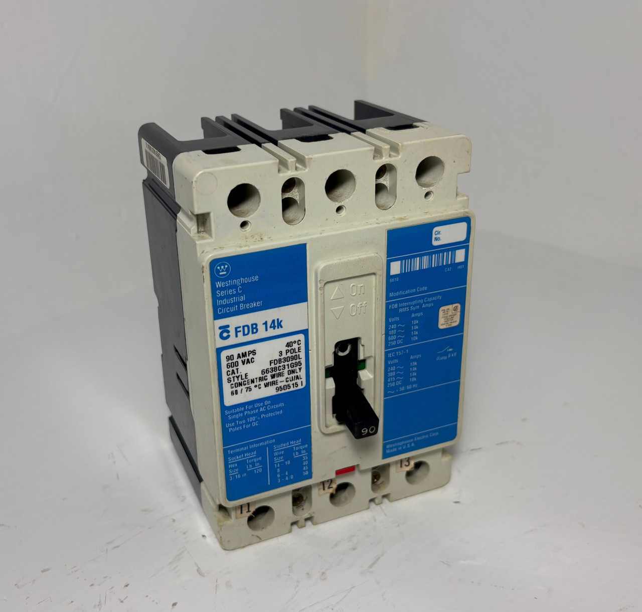 Westinghouse FDB3090L 90A Series C Circuit Breaker Glossy 600V 3P FDB3090 90 Amp (EM5662-1)