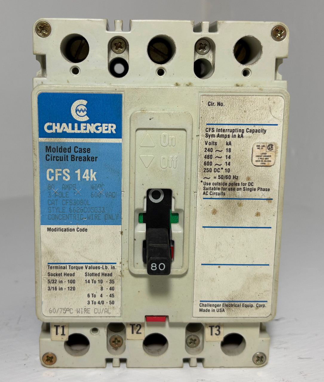 Challenger CFS3080L 80A Circuit Breaker 480/600V 3P CFS 14k CFS3080 80 Amp (EM5664-1)