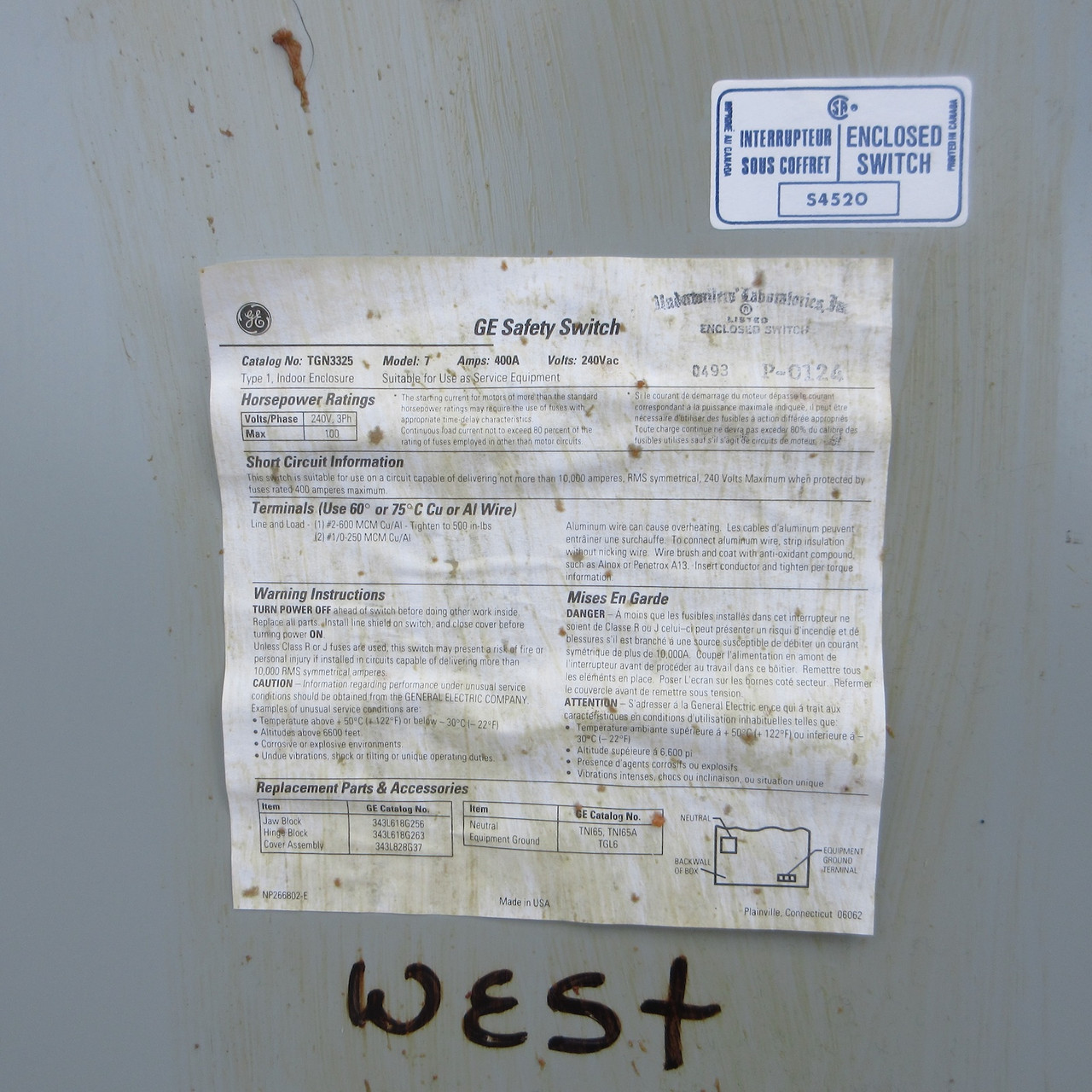 GE TGN3325 400A 240V Non-Fusible General Duty Safety Switch 400 Amp 4W Model 7 (AH0742-1)